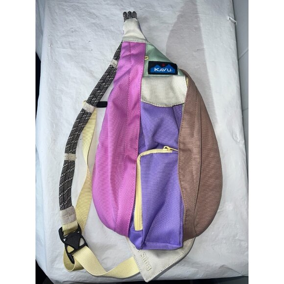 Kavu Rope Sling Bag Color Block Pink Purple 5 Pocket Snowcone Hike Camp - Picture 1 of 7